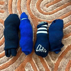 bundle of soccer socks; kids small, navy and blue
